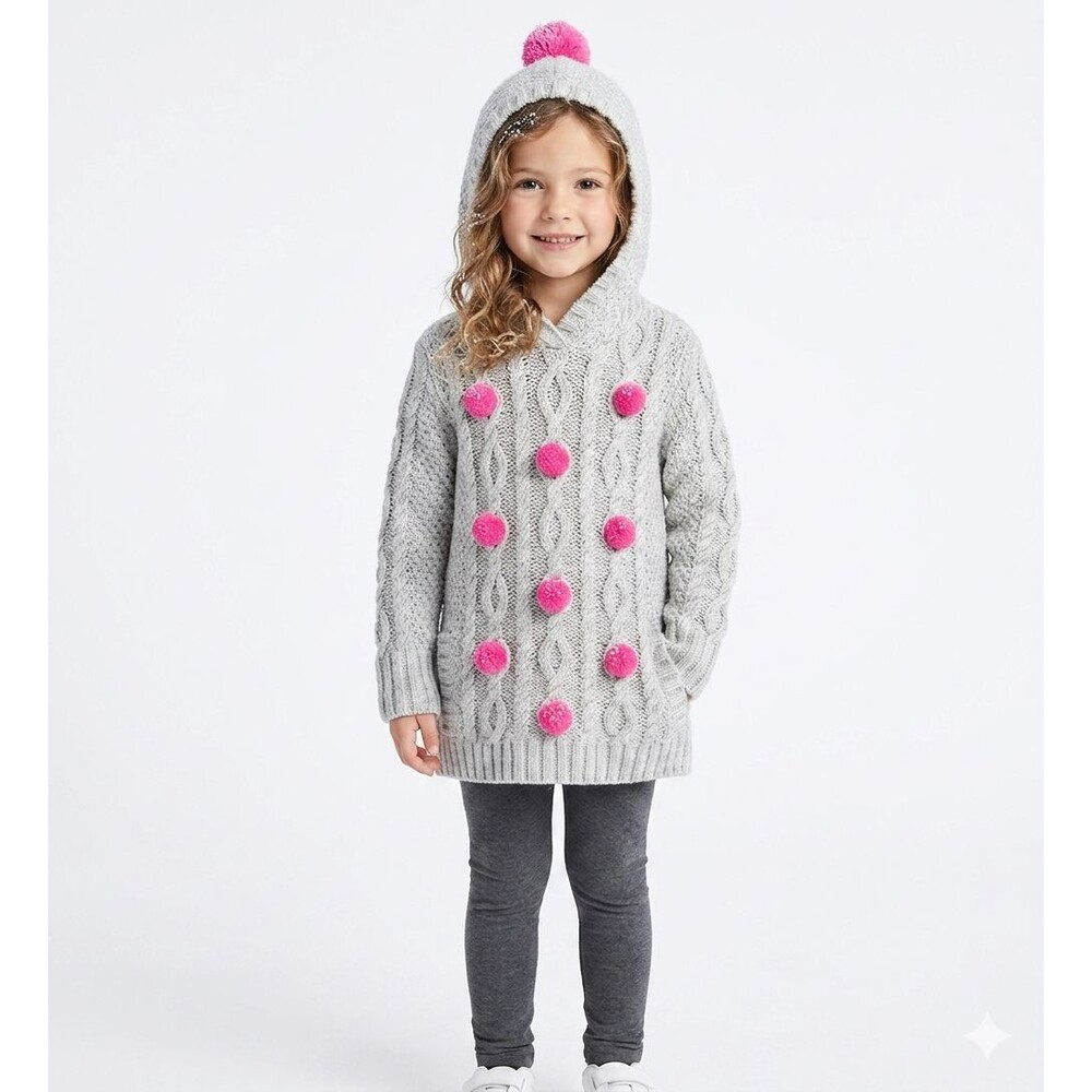 Mini Boden Size 4-5 Cable Knit Pink Pom Pom Chunky Gray Hooded Sweater Pockets